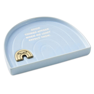 Hallmark rainbow-shaped blue ceramic trinket dish with “Believe” metal token and inspirational quote.