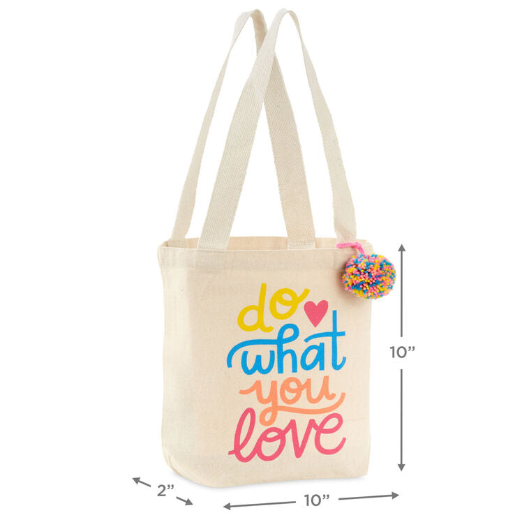 Hallmark 10.5-inch Do What You Love square fabric gift bag with retro lettering and pom-pom
