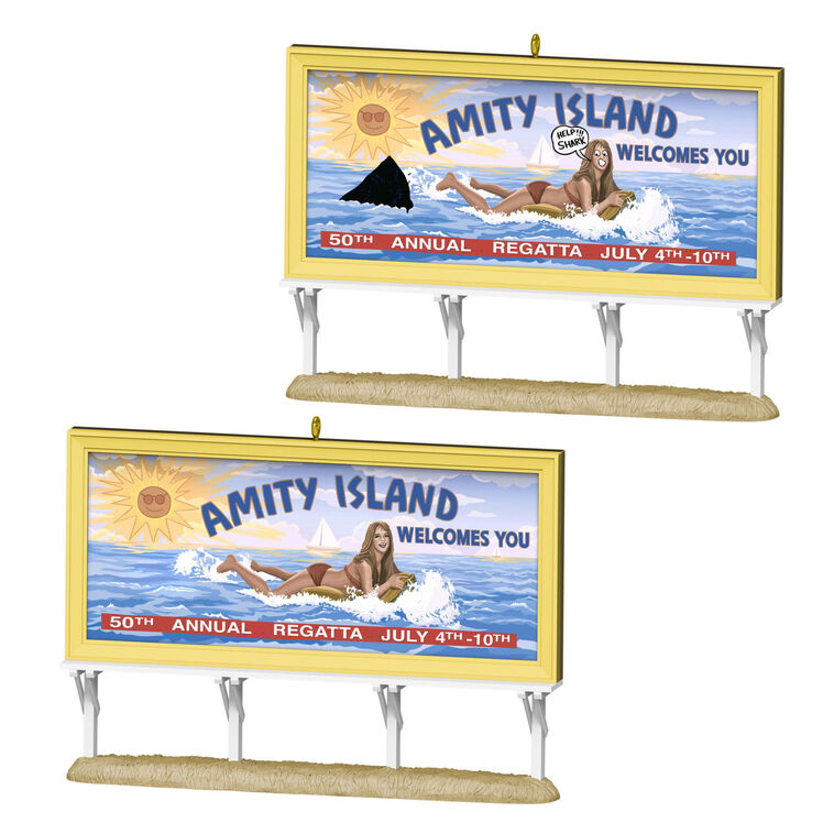 Jaws 50th Anniversary ornament, Amity Island billboard, lenticular image, shark fin, Hallmark Keepsake Christmas decoration.