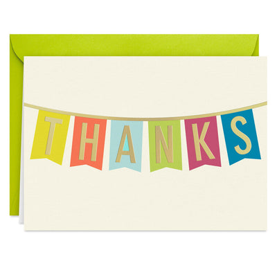 Thank-you cards with colorful pennant banner letters and gold foil on an off-white background.