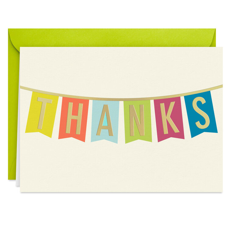Thank-you cards with colorful pennant banner letters and gold foil on an off-white background.