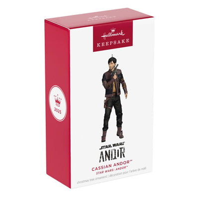 Cassian Andor Christmas ornament holding blaster, wearing brown tactical gear and scarf