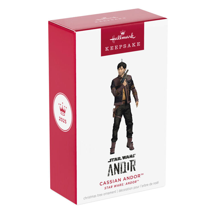 Cassian Andor Christmas ornament holding blaster, wearing brown tactical gear and scarf