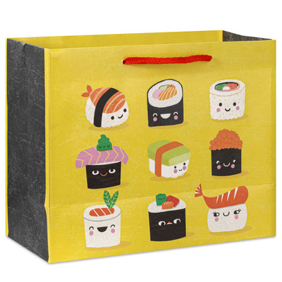 Hallmark medium gift bag with smiling sushi characters and pun text on a yellow background, perfect for fun gift occasions.