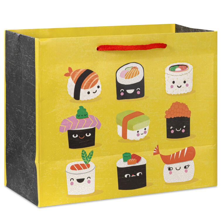 Hallmark medium gift bag with smiling sushi characters and pun text on a yellow background, perfect for fun gift occasions.