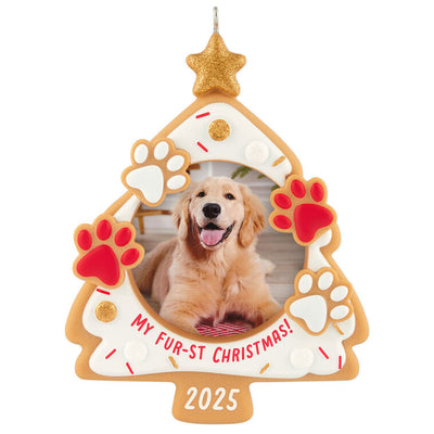Pet photo frame ornament shaped like a cookie tree with paw prints, faux sprinkles, and year-dated 2025 for first Christmas

