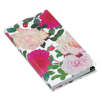 Password keeper book with fuchsia and cream floral cover, alphabetical tabs, and striped end sheets.