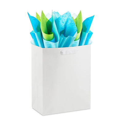 Hallmark tissue paper assortment with 12 sheets in solid blue, citrus green, and aqua for colorful gift wrap.