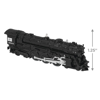 Mini New York Central 700E Hudson locomotive ornament, black die-cast metal train with turning wheels, Hallmark Lionel Trains collectible
