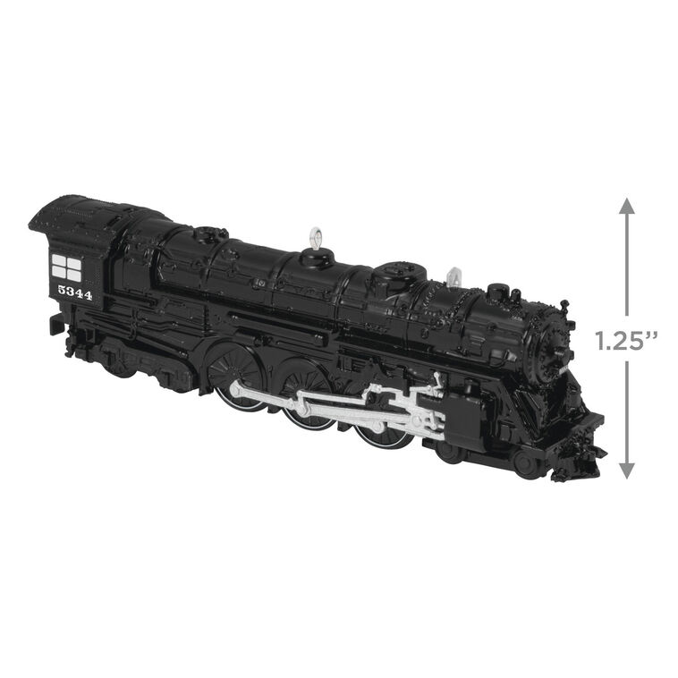 Mini New York Central 700E Hudson locomotive ornament, black die-cast metal train with turning wheels, Hallmark Lionel Trains collectible
