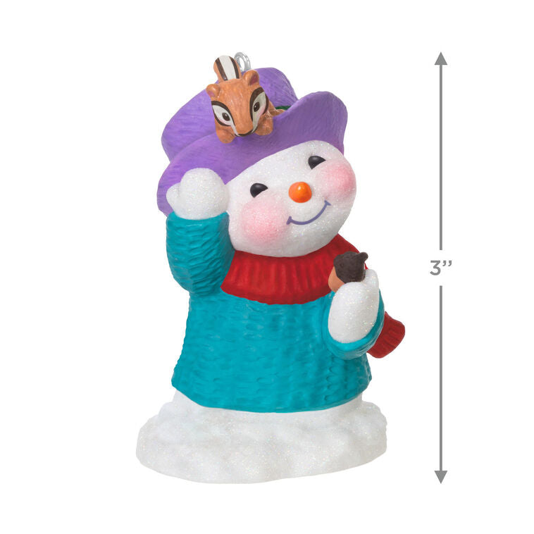 Snowman in blue sweater and red scarf, holding acorn with chipmunk on purple hat, Hallmark Keepsake Snow Buddies 2025 ornament