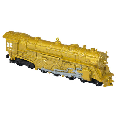 Lionel Trains New York Central 700E Hudson gold metal Christmas ornament by Hallmark Keepsake, die-cast steam engine with shiny metallic finish.