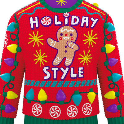 Red and green Christmas sweater ornament with gingerbread man, candy, and lights, plays "Carol of the Bells."

