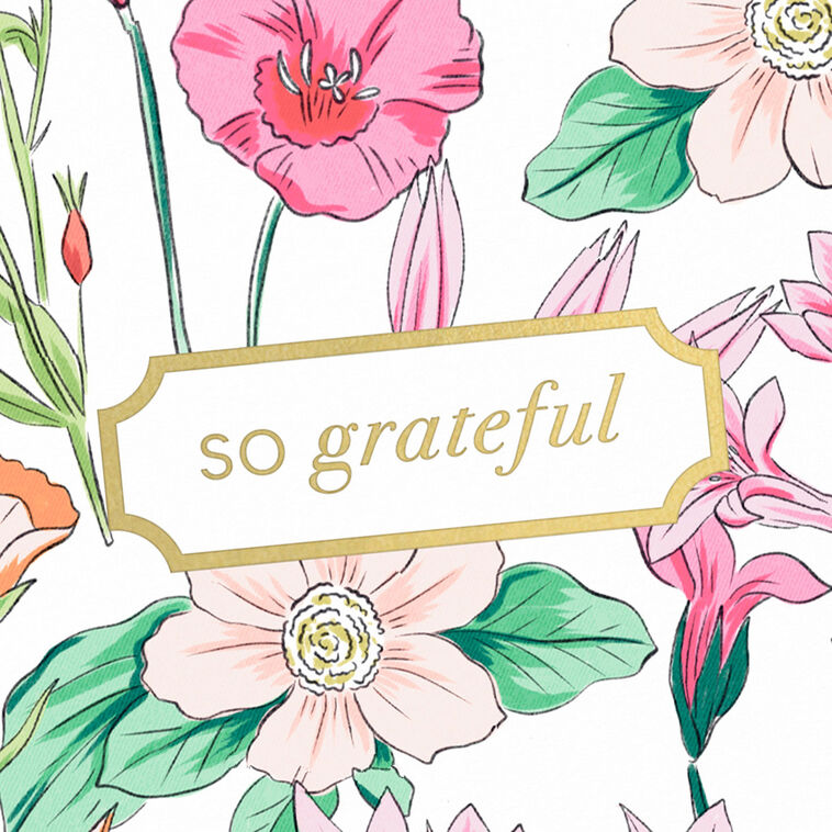 Floral thank-you cards with colorful wildflowers and greenery around a gold-framed “so grateful” message.
