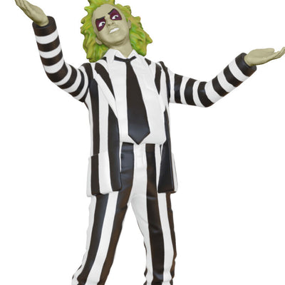 Mini Beetlejuice ornament with wild green hair and black-and-white striped suit, arms raised in playful pose.