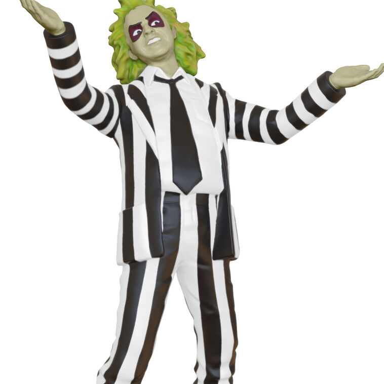 Mini Beetlejuice ornament with wild green hair and black-and-white striped suit, arms raised in playful pose.