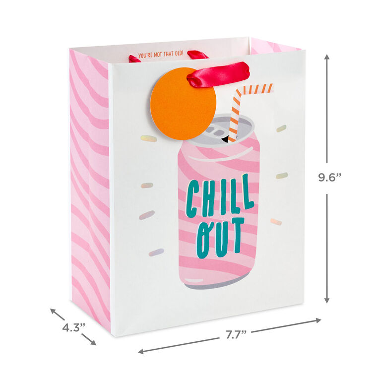 Hallmark gift bag with pink-striped soda can design, green “Chill Out” lettering, bent straw, and die-cut orange tag.