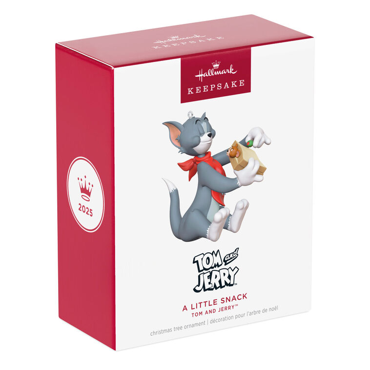 Tom and Jerry Christmas ornament with Tom holding a sandwich and Jerry peeking out, red napkin around Tom&