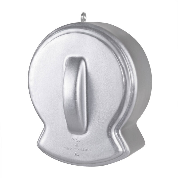 Hallmark Keepsake Cookie Cutter Christmas ornament—silver cookie cutter snow globe with mouse on gingerbread train, frosting and candy details