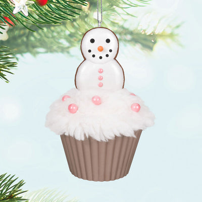 Hallmark Keepsake Christmas Cupcakes Merry Macarons ornament—cupcake with white meringue icing, pink pearl candies, snowman made of macarons