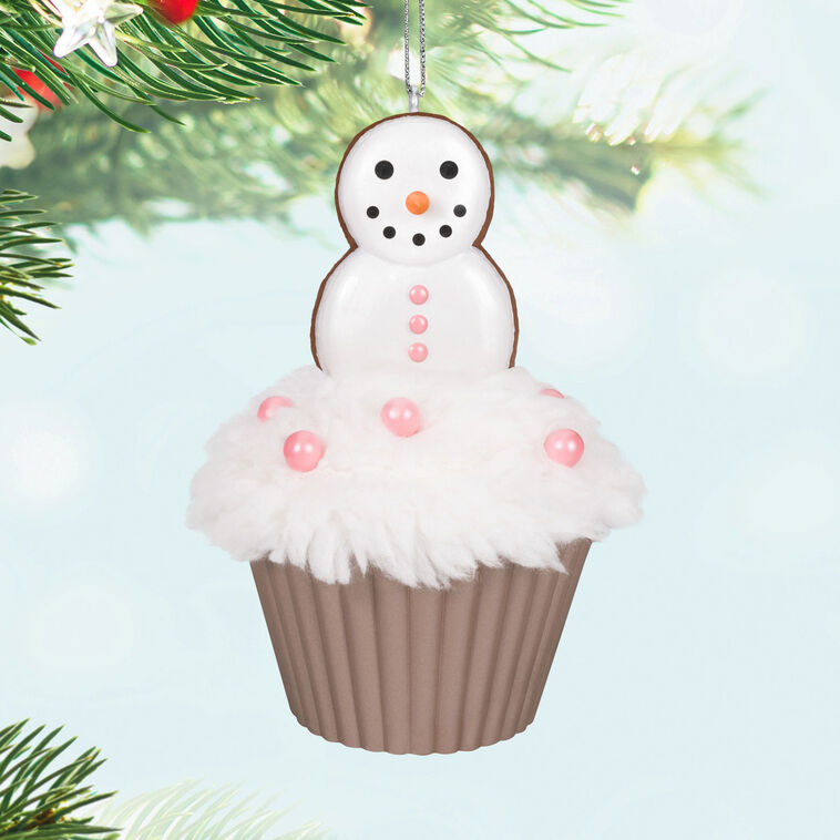 Hallmark Keepsake Christmas Cupcakes Merry Macarons ornament—cupcake with white meringue icing, pink pearl candies, snowman made of macarons