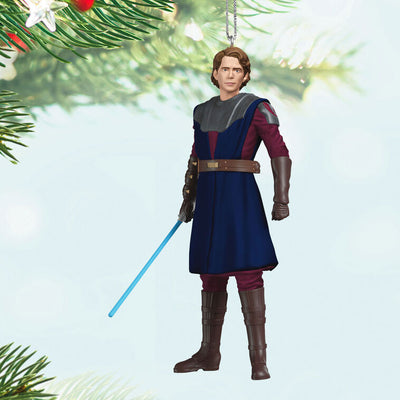 Mini Anakin Skywalker ornament in blue and burgundy Jedi armor holding blue lightsaber, Hallmark Star Wars Ahsoka Christmas collectible