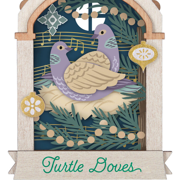 Hallmark Keepsake Twelve Days of Christmas Papercraft ornament—laser-cut wood frame with intricate two turtle doves papercraft scene and song verse
