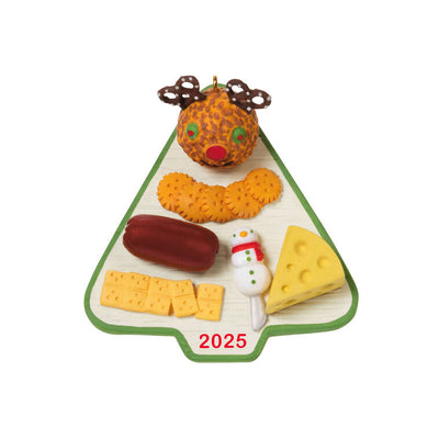 Hallmark Keepsake Season’s Treatings 2025 ornament—tree-shaped charcuterie board with cheeses, meat, crackers, snowman knife, and reindeer cheese ball
