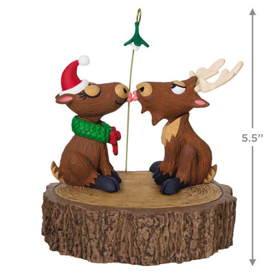 Moose couple Christmas ornament under mistletoe with motion and music playing "We Wish You a Merry Christmas," battery 
