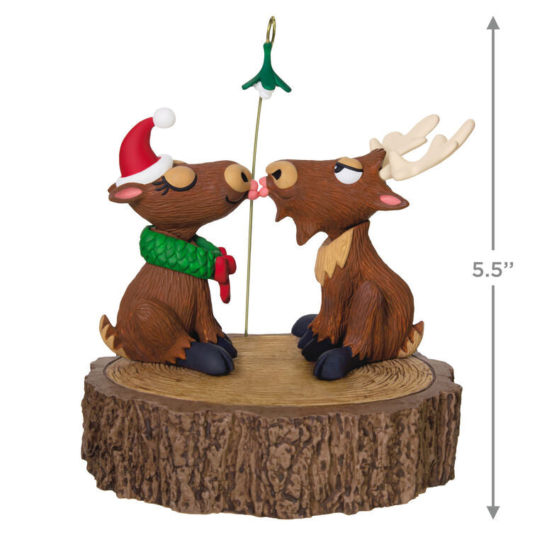 Moose couple Christmas ornament under mistletoe with motion and music playing "We Wish You a Merry Christmas," battery 
