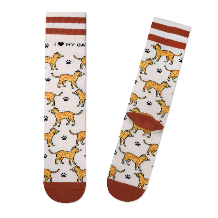 Hallmark crew socks with orange tabby cat pattern, paw prints, and brown-striped cuffs.