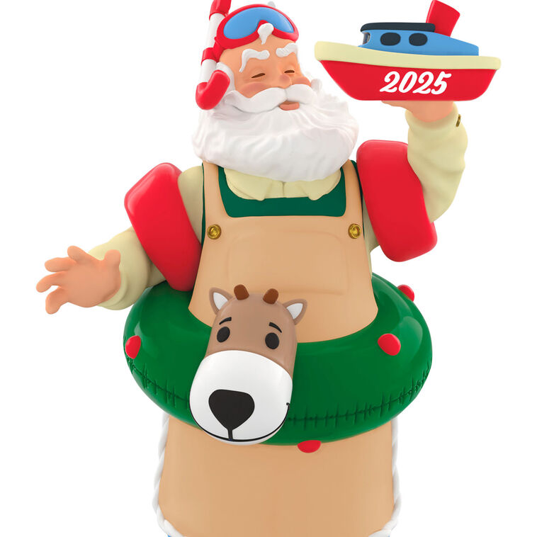 Santa in snorkel mask, arm floaties, and striped socks, with reindeer swim tube and toy boat marked 2025, Hallmark Keepsake ornament
