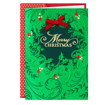 Green Foil Wreath Boxed Christmas Cards, Pack of 12