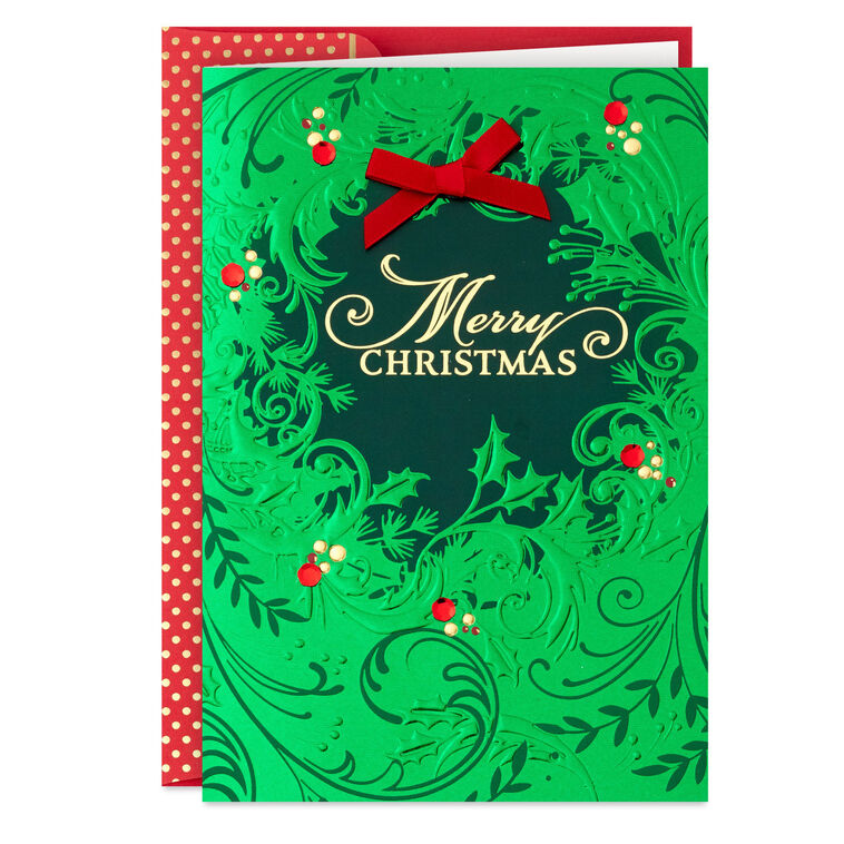 Green Foil Wreath Boxed Christmas Cards, Pack of 12