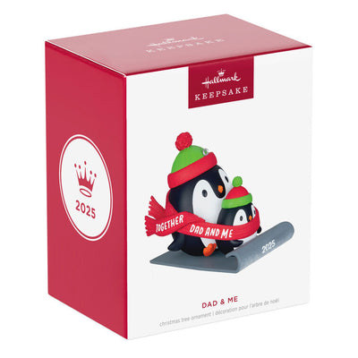 2025 Christmas ornament of dad and child penguins sledding, red scarf with sweet message, festive holiday decoration

