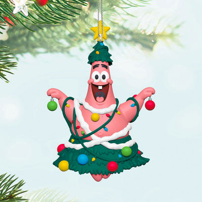 Patrick Star ornament, dressed as Christmas tree with lights, ornaments, star topper, Hallmark Keepsake, Nickelodeon, holiday decoration.