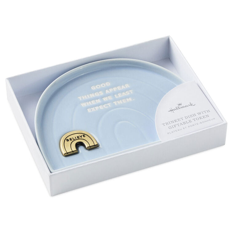 Hallmark rainbow-shaped blue ceramic trinket dish with “Believe” metal token and inspirational quote.