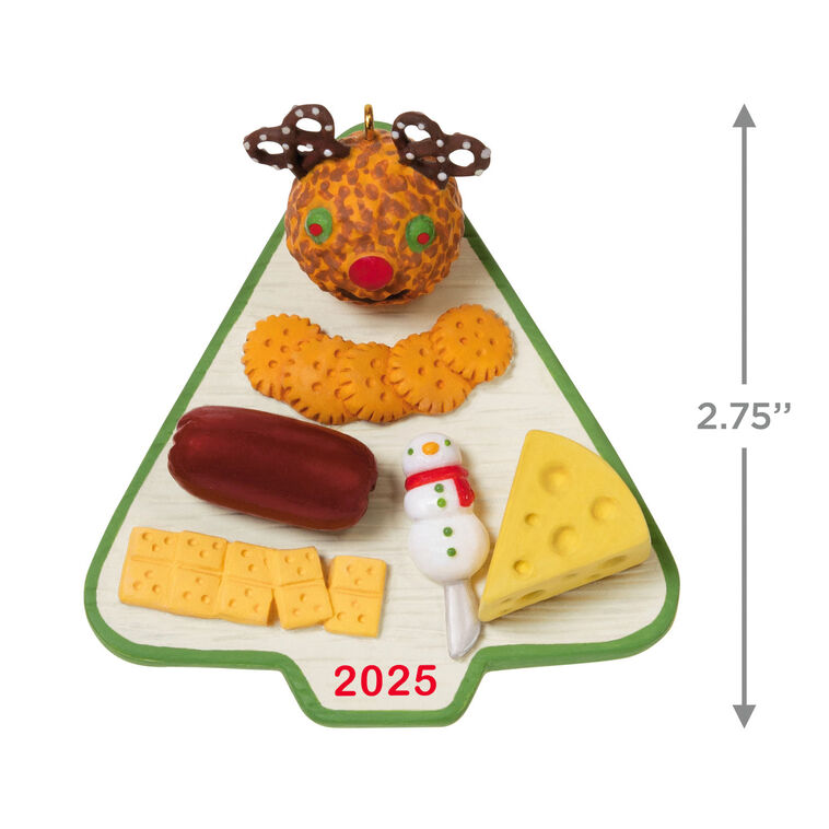 Hallmark Keepsake Season’s Treatings 2025 ornament—tree-shaped charcuterie board with cheeses, meat, crackers, snowman knife, and reindeer cheese ball

