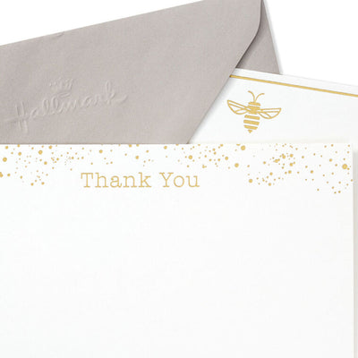 Gold Bee and Dots on White Assorted Blank Flat Thank You Note Cards in Caddy, Pack of 40