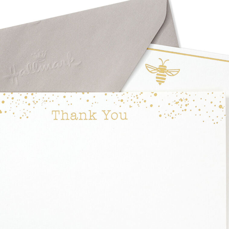 Gold Bee and Dots on White Assorted Blank Flat Thank You Note Cards in Caddy, Pack of 40