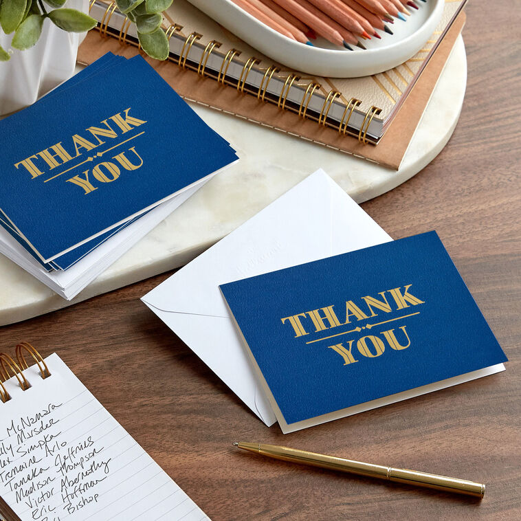 Navy blue thank you cards with formal gold foil block lettering, includes 10 blank cards and white envelopes in a sleek gift box