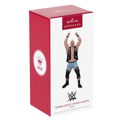 Stone Cold Steve Austin ornament, WWE wrestler in black vest, Hallmark Keepsake, Christmas tree decoration, 3:16, Attitude Era collectible.