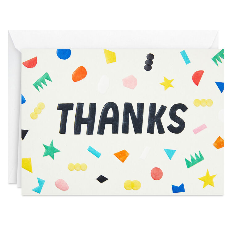 Thank you cards with colorful confetti and bold black lettering on cream background, includes 24 blank cards and envelopes in kraft box
