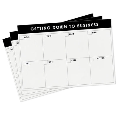 Large black and white weekly planner pad with grid layout and “Getting Down to Business” header.
