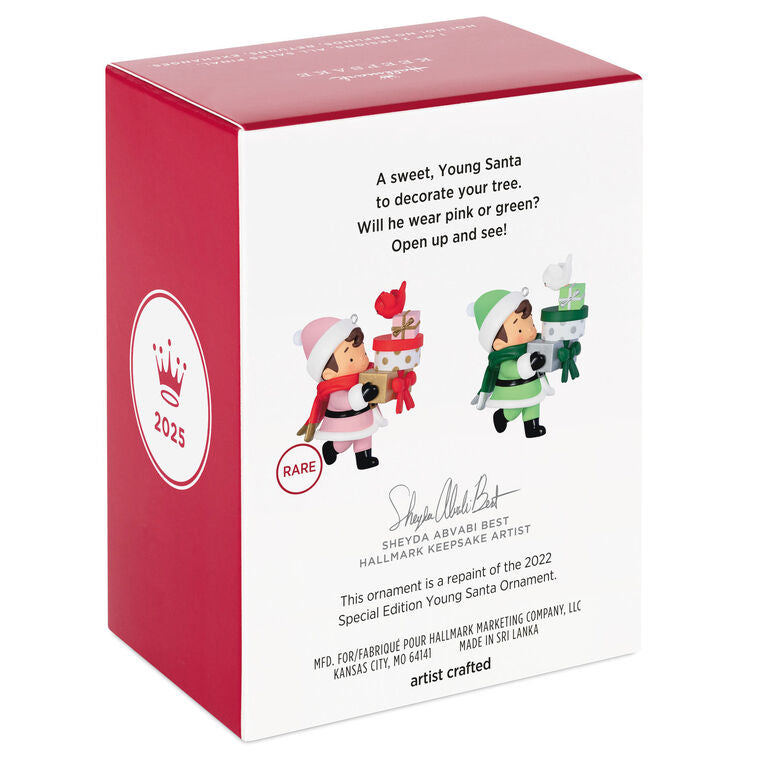 Mystery ornament featuring Young Santa in festive outfit holding presents and a bird, blind-boxed surprise