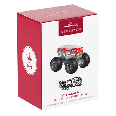 Hallmark Keepsake Hot Wheels HW 5-Alarm Monster Truck ornament, candy-apple red fire truck with big wheels, Christmas decor for kids.