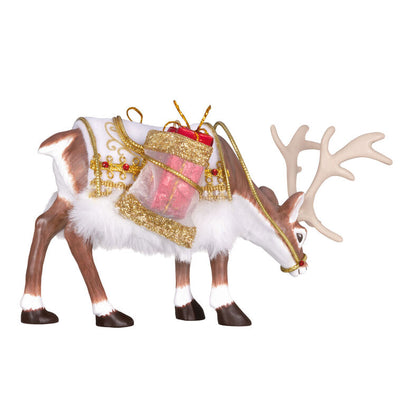 Hallmark Keepsake ornament of a regal reindeer with a festive saddle blanket, faux fur, gold trim, and a present, 2025 Keepsake Premiere.