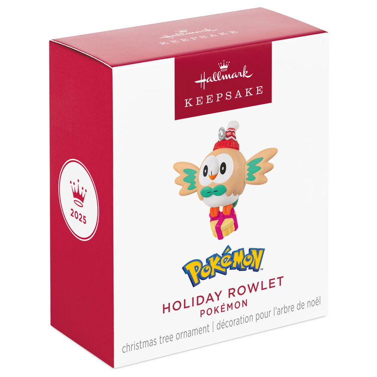 Mini Rowlet ornament, beige owl with green bow tie, red winter hat, and yellow gift box, Hallmark Keepsake Pokémon Christmas collectible
