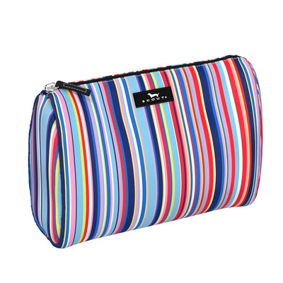 Striped zippered makeup bag with slim profile and interior pocket, roomy enough for full-size bottles and everyday beauty essentials.