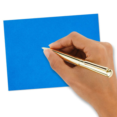 Bold royal blue envelopes with abstract multicolor shapes inside the flap and pointed flap design.
